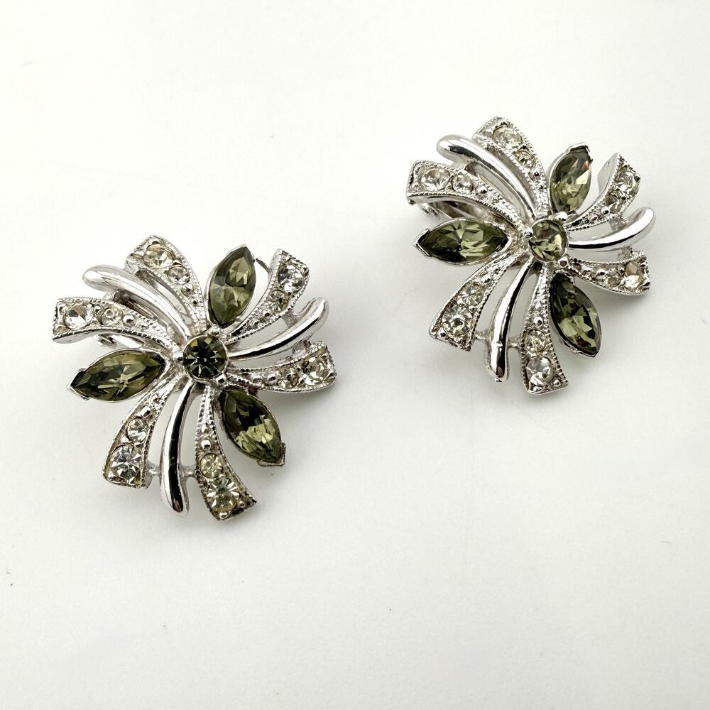 Vintage Bogoff Rhinestone Clip On Earrings Atomic Starburst Silver Tone Signed